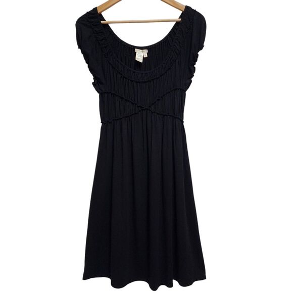 Sophie Max Peasant Dress Sz M Black Shirred Scoop Cap Sleeve Stretch Flare Boho - Picture 1 of 10